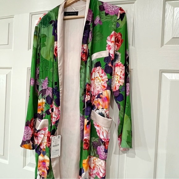 Brand New with tags Zara Green Long Floral Print Kimono Belted Duster Jacket S - Picture 2 of 11